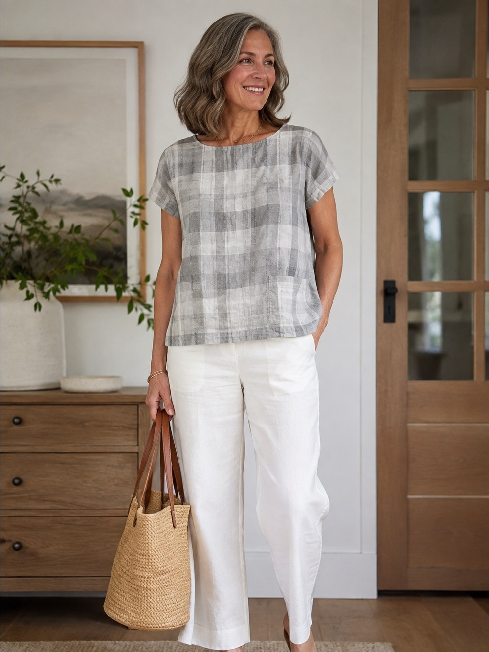Eileen Fisher Organic Linen Cotton Plaid Boxy Short Sleeve Top Medium